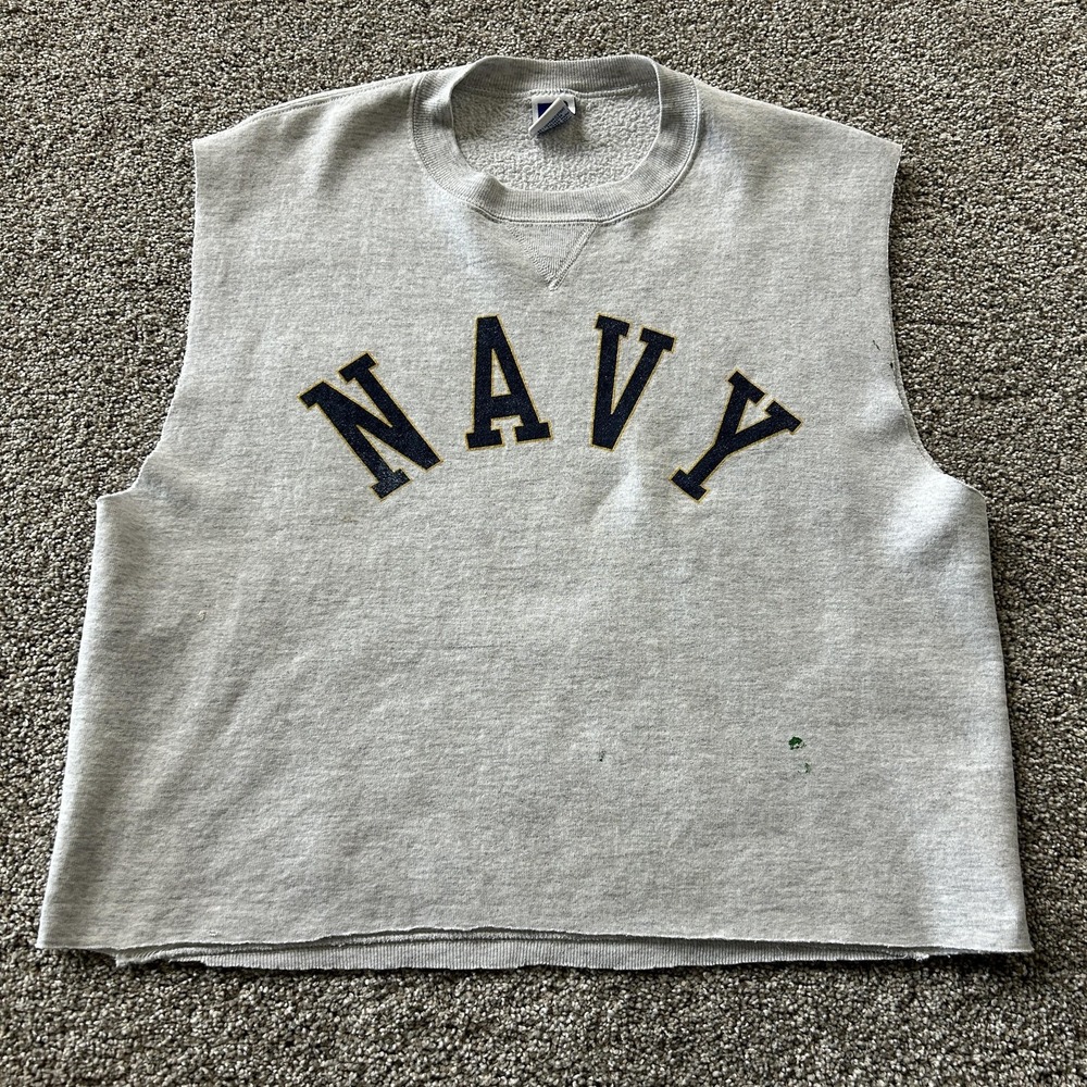 Vintage Russell Athletic Sweatshirt Mens L Gray Fleece Navy Cutoff Graphic Vest